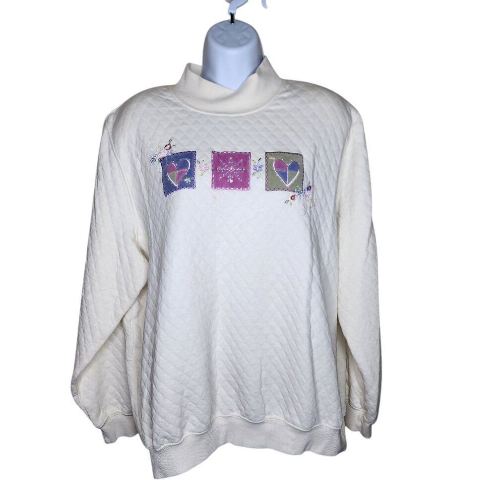 Vintage 90s Quilted Cottagecore Grandma Sweatshirt Hearts Womens 1X White